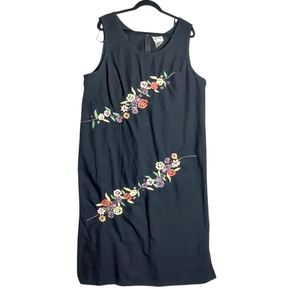 Alix Taylor Woman Black Floral Embroidered Cotton Linen Midi Dress Plus Size 24